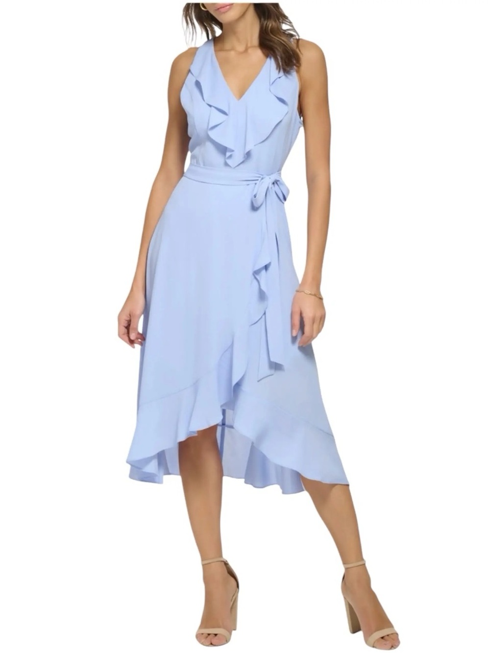 Kensie Powder Blue Ruffle Wrap Midi Dress